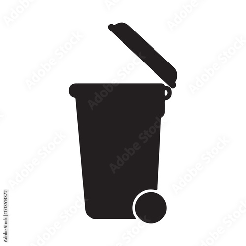 Black Silhouette of Garbage Can with Open Lid on White Background for Recycling and Waste Management