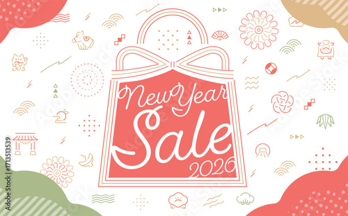 2026年お正月の午年のシンプルかわいいレトロポップなデザインのパターン背景にタイトルロゴフレーム_福袋セール広告や年賀状
