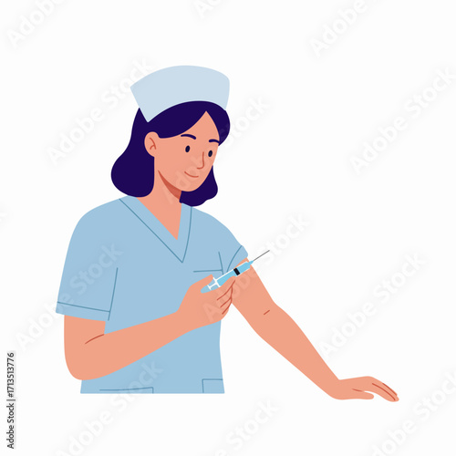 A friendly nurse in scrubs and a cap administers an injection or vaccine into a patient's arm, illustrating essential healthcare, vaccination, and medical procedures.