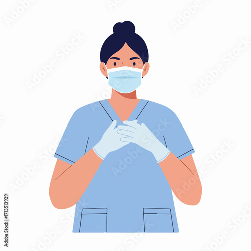 Female healthcare worker in blue scrubs, medical mask, and gloves, standing ready for service with hands clasped in a caring gesture.