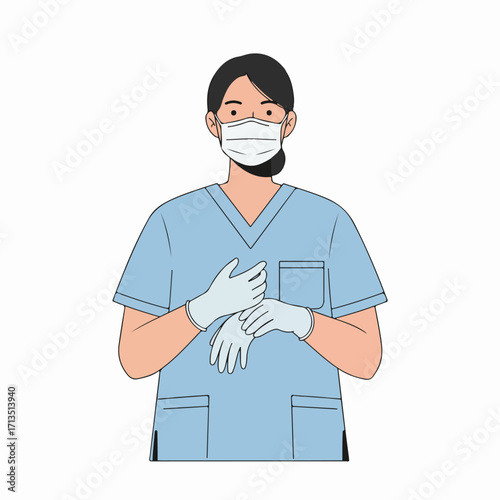 Illustration of a healthcare worker in scrubs and mask, adjusting protective medical gloves, ready for duty in a clean, professional environment.