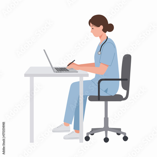 Female healthcare professional in scrubs working on a laptop at a desk, engaged in medical data entry or digital consultation. Nurse or doctor using technology.