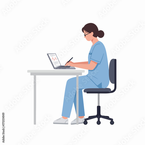 Female healthcare professional in blue scrubs working on a laptop at a desk, reviewing medical data or patient records in a hospital or clinic setting.
