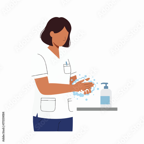 Healthcare worker washing hands with soap for hygiene. Medical professional practicing sanitation and germ prevention. Daily routine for health.