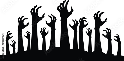 Creepy hand silhouette vector, horror arms reaching upward, claw pose illustration, black desperate limbs, Halloween fear concept, undead graphic design