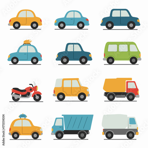 Colorful set of flat design cartoon vehicles, including cars, trucks, a motorcycle, and vans, perfect for transportation themes and children's education.