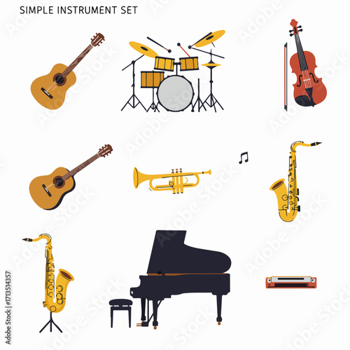 Set of popular musical instruments in a simple flat illustration style, ideal for music-related projects and education.