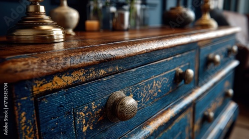 Close-up of a Vintage Blue and Gold Painted Chest of Drawers with Decorative Knobs