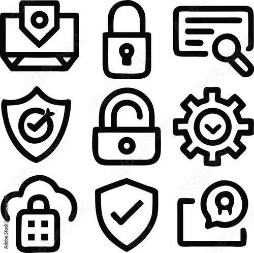 Minimalist black and white line icons set depicting security, safety, protection, and technology concepts for modern digital and corporate use