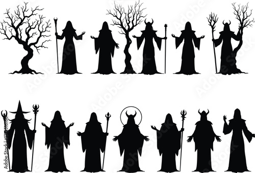 Horned robed figures silhouette, mystical staff characters, occult ritual poses, fantasy wizard theme, dark tree elements, gothic vector illustration for storytelling, design
