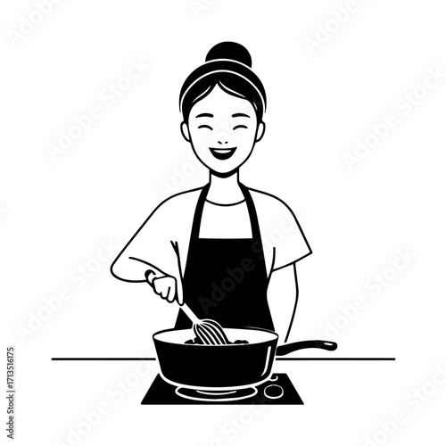 Black and White Vector Illustration of a Smiling Woman Cooking in Kitchen with Apron and Headband
