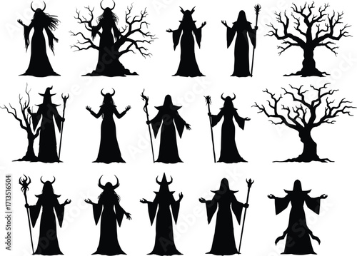 Mystical horned figures silhouette, dark fantasy robed characters, eerie leafless trees, witchcraft theme, occult illustration, gothic vector art for storytelling, design