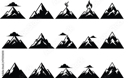 Mountain silhouette icons set, black and white vector peaks collection, adventure nature symbols, hiking, outdoor exploration, minimalist alpine graphic illustrations