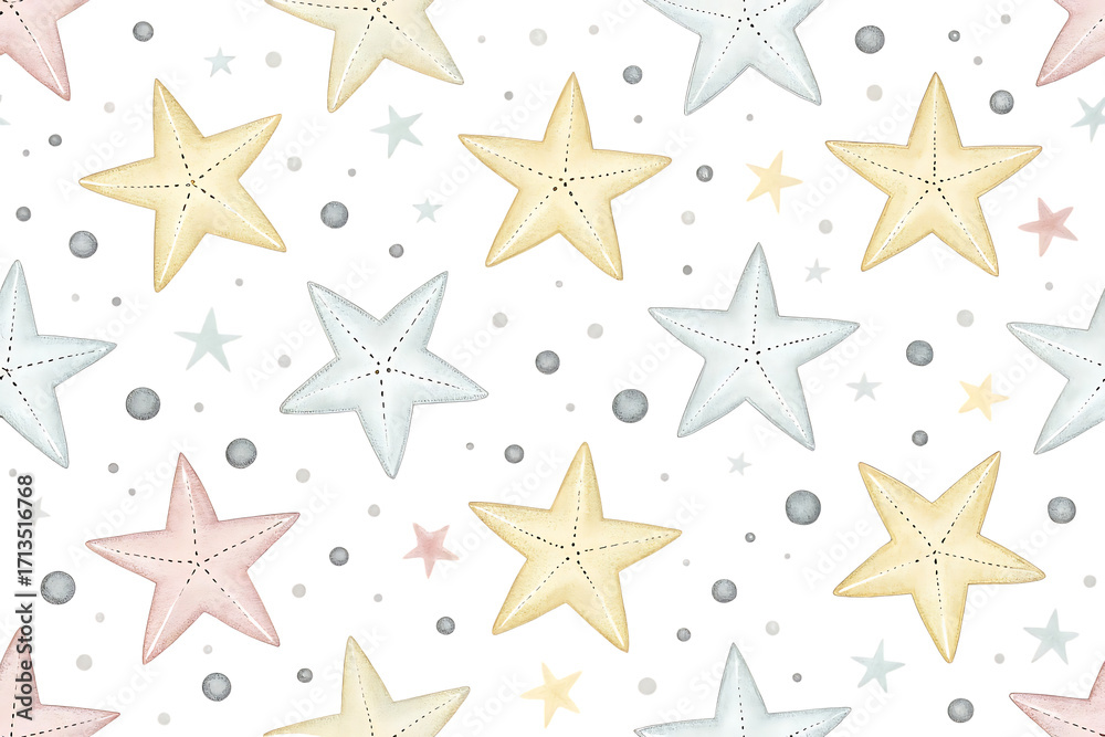 Obraz premium Whimsical hand drawn pastel colored stars and dots pattern on a black background isolated on transparent background