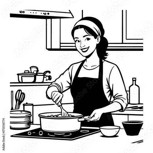 Black and White Vector Illustration of a Smiling Woman Cooking in Kitchen with Apron and Headband
