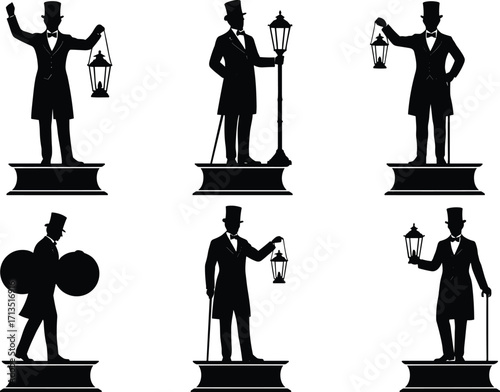 Vintage lamplighter silhouettes, Victorian men with lanterns, formal attire poses, historical street lighting, retro pedestal figures, black vector illustration for design