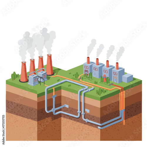 A vibrant 2D flat vector illustration portrays a geothermal power plant facility cross-section, with underground pipes extracting heat from the Earth's core, and steam rising from surface vents.