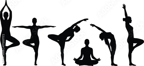 Yoga pose silhouettes, black vector illustration, meditation and balance postures, tree and dancer poses, wellness icons, fitness design, mindfulness exercise collection