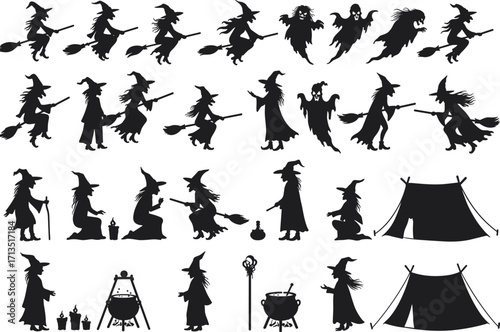 Witch silhouette vector set, Halloween character illustration, spooky poses with broomstick, ghost, cauldron, tent, candle, eerie festive design elements