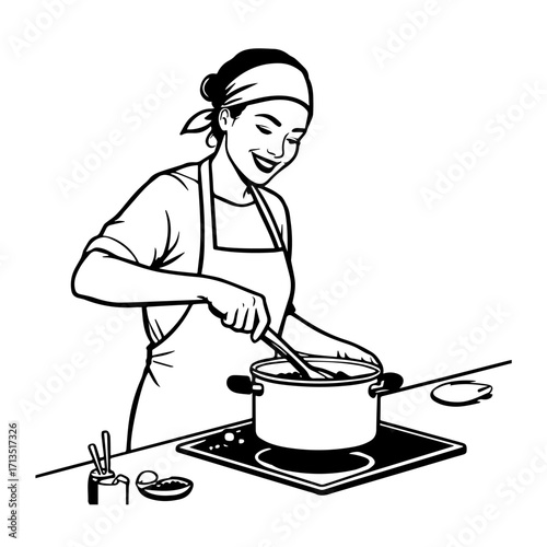 Black and White Vector Illustration of a Smiling Woman Cooking in Kitchen with Apron and Headband
