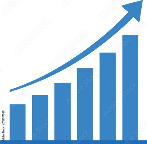 Blue bar graph with upward trending arrow shows growth and success vector
