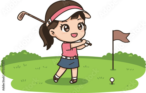 Cute chibi girl golfer in sporty outfit swinging happily. National Golf Day