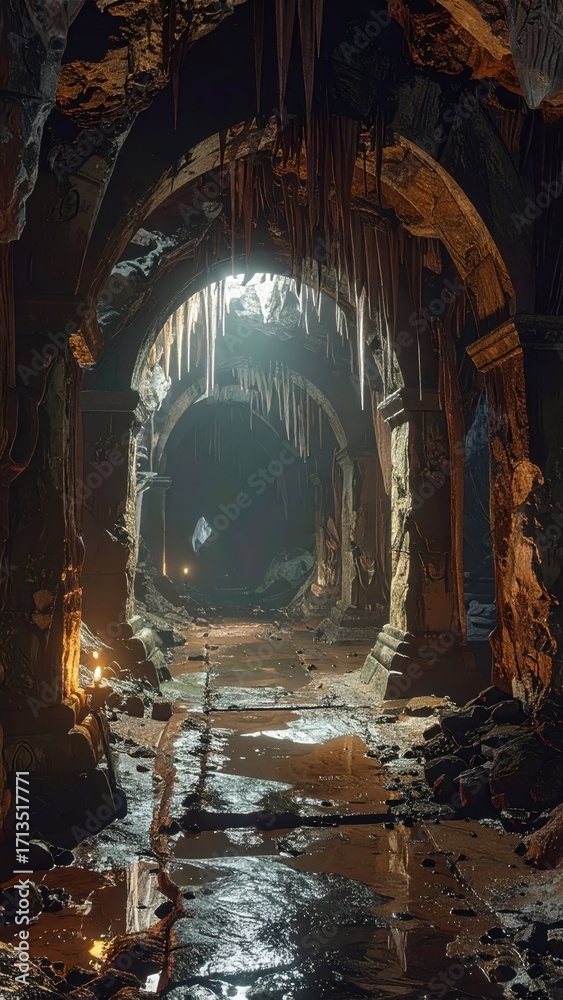 Naklejka premium Mysterious Underground Cave with Stalactites and Reflective Water