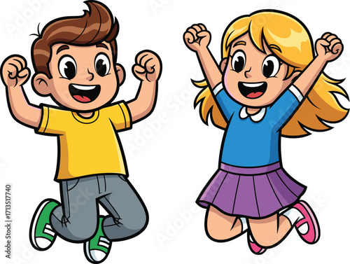 Cartoon happy boy and girl jumping together, cheerful kids illustration, playful children celebrating joy, vector drawing for education, school, family design