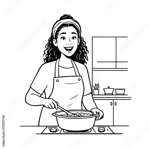 Black and White Vector Illustration of a Smiling Woman Cooking in Kitchen with Apron and Headband
