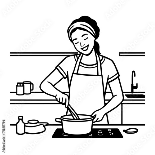 Black and White Vector Illustration of a Smiling Woman Cooking in Kitchen with Apron and Headband
