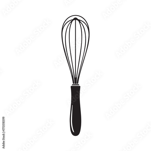 Black and white vector illustration of a kitchen whisk isolated on white background