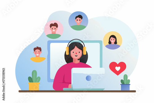 Customer service representative wearing headset and interacting with clients through video calls and online support