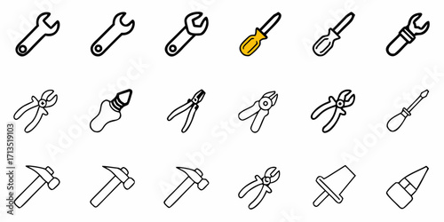 Illustration of various hand tools including wrenches pliers screwdrivers and hammers in a line art style