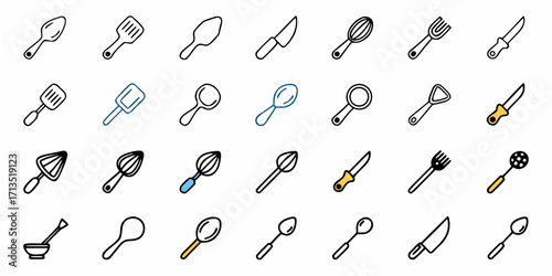 Illustration of various kitchen utensils including spoons, spatulas, knives, forks and other cooking tools