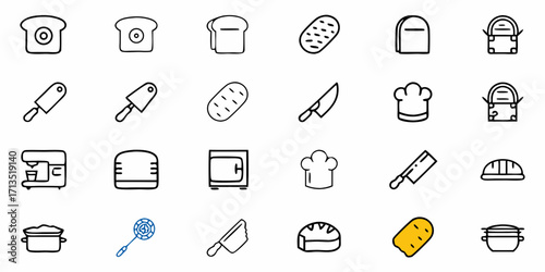 Outline style illustrations of kitchen and bakery items including bread knives and cooking equipment