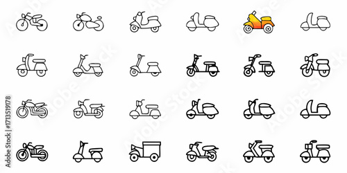Collection of twenty four line art style scooter and motorcycle illustrations in a grid pattern