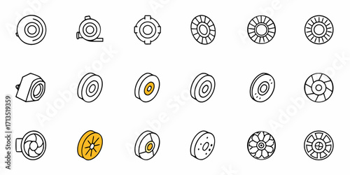 Collection of isometric circular mechanical components and parts with various designs and orientations