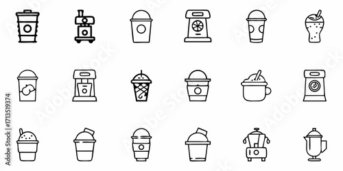 Illustration of various coffee and beverage containers and machines in a simple outline style design style