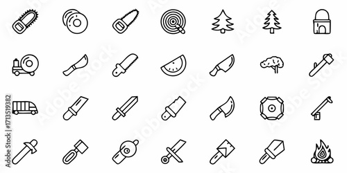 Line art depiction of camping gear, tools, food, and nature elements in a grid pattern for design use