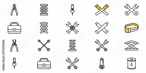 Various automotive tools and equipment including wrenches pliers and jacks are arranged neatly