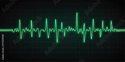 Green ECG heartbeat line on a monitor showing life and pulse rate graph for health and cardiology in medicine
