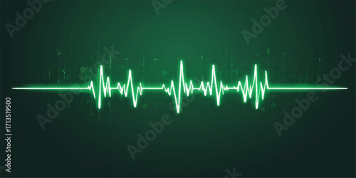 A vibrant blue and green vector illustration shows a medical monitor with an abstract EKG line tracing a strong heartbeat wave