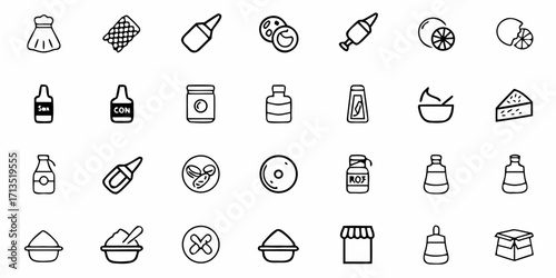 Collection of various kitchen and food related icons including containers and food items in outline style