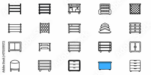 Illustration showing various types of shelves cabinets and storage units in a simple line art style design