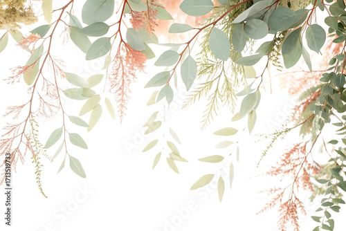 Delicate watercolor painting of cascading eucalyptus branches with subtle pink floral accents isolated on transparent background