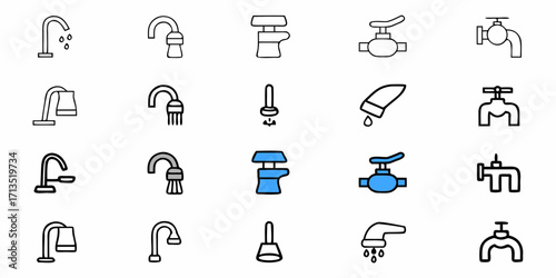 Collection of various faucet and tap icons with different styles and designs displayed in a grid format