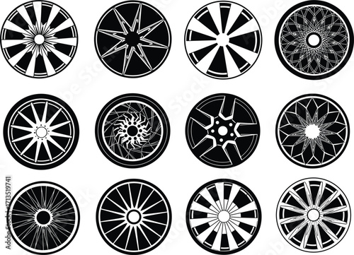 Black and white vector car wheel rim designs, automotive alloy rims collection, circular patterns, tire spokes illustration, vehicle parts graphic elements, auto styling