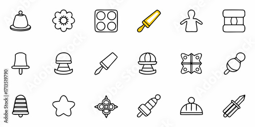 Collection of line art icons featuring various shapes and objects in a simple black and white style