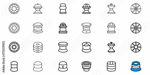 Collection of twenty one unique black and white outlined circular and cylindrical shapes in rows
