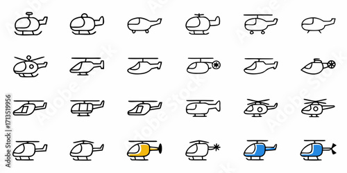 Collection of twenty four helicopter icons in various styles and designs in a vector format